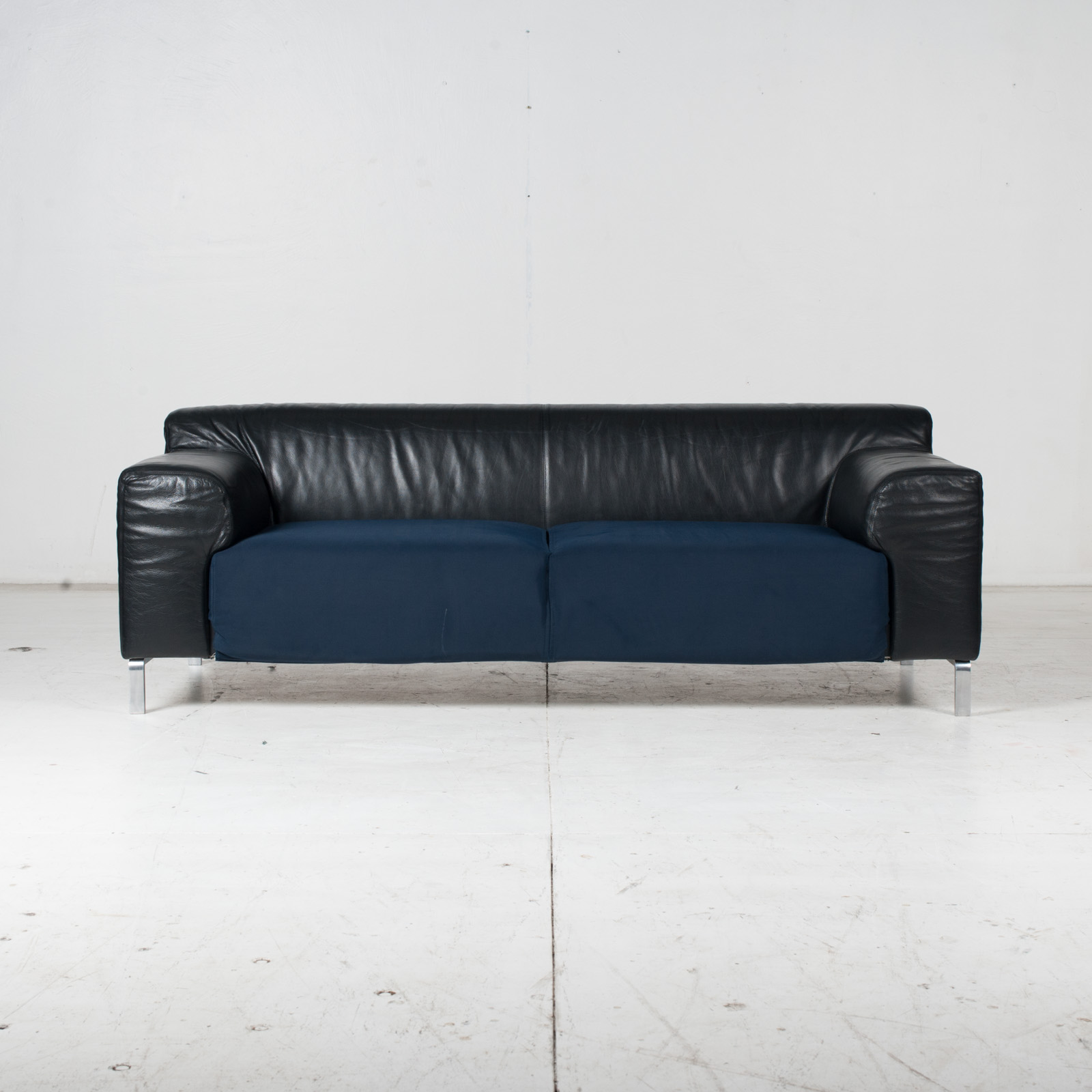 Model Greg 2 Seat Sofa By E. Progetti With Back Upholstered In Black Leather And Seat In Blue Fabric With Chrome Legs, 1960s, Italy 1