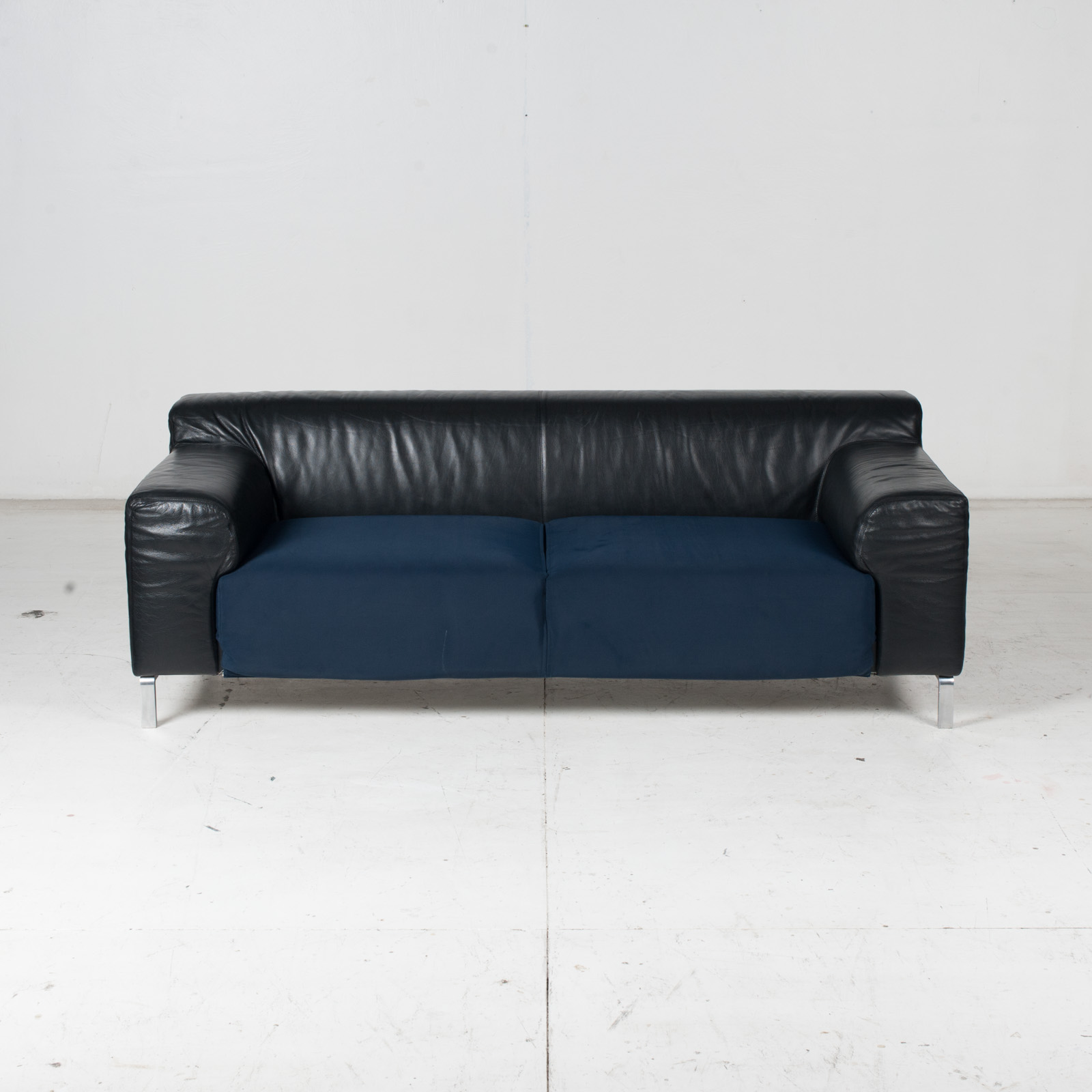 Model Greg 2 Seat Sofa By E. Progetti With Back Upholstered In Black Leather And Seat In Blue Fabric With Chrome Legs, 1960s, Italy 2