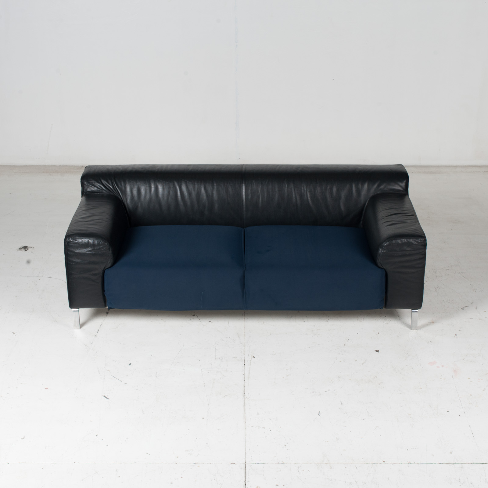 Model Greg 2 Seat Sofa By E. Progetti With Back Upholstered In Black Leather And Seat In Blue Fabric With Chrome Legs, 1960s, Italy 3