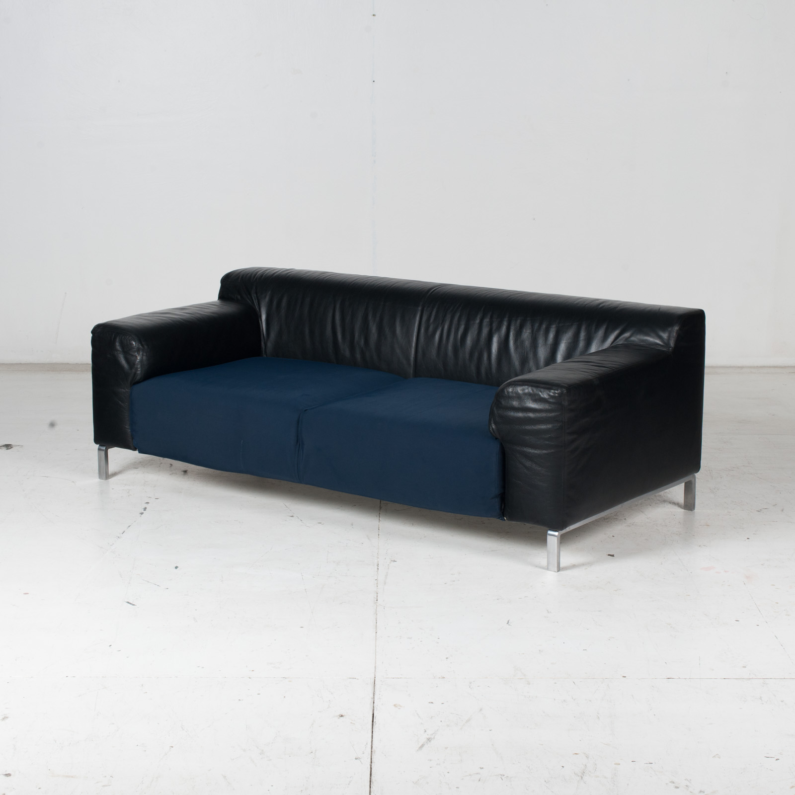 Model Greg 2 Seat Sofa By E. Progetti With Back Upholstered In Black Leather And Seat In Blue Fabric With Chrome Legs, 1960s, Italy 4