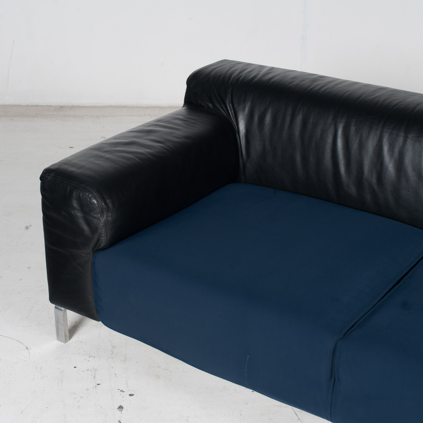 Model Greg 2 Seat Sofa By E. Progetti With Back Upholstered In Black Leather And Seat In Blue Fabric With Chrome Legs, 1960s, Italy 5