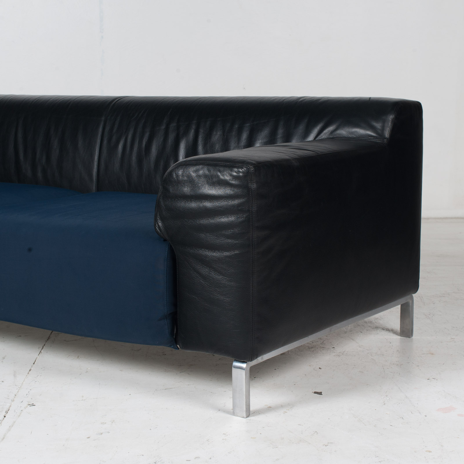 Model Greg 2 Seat Sofa By E. Progetti With Back Upholstered In Black Leather And Seat In Blue Fabric With Chrome Legs, 1960s, Italy 6