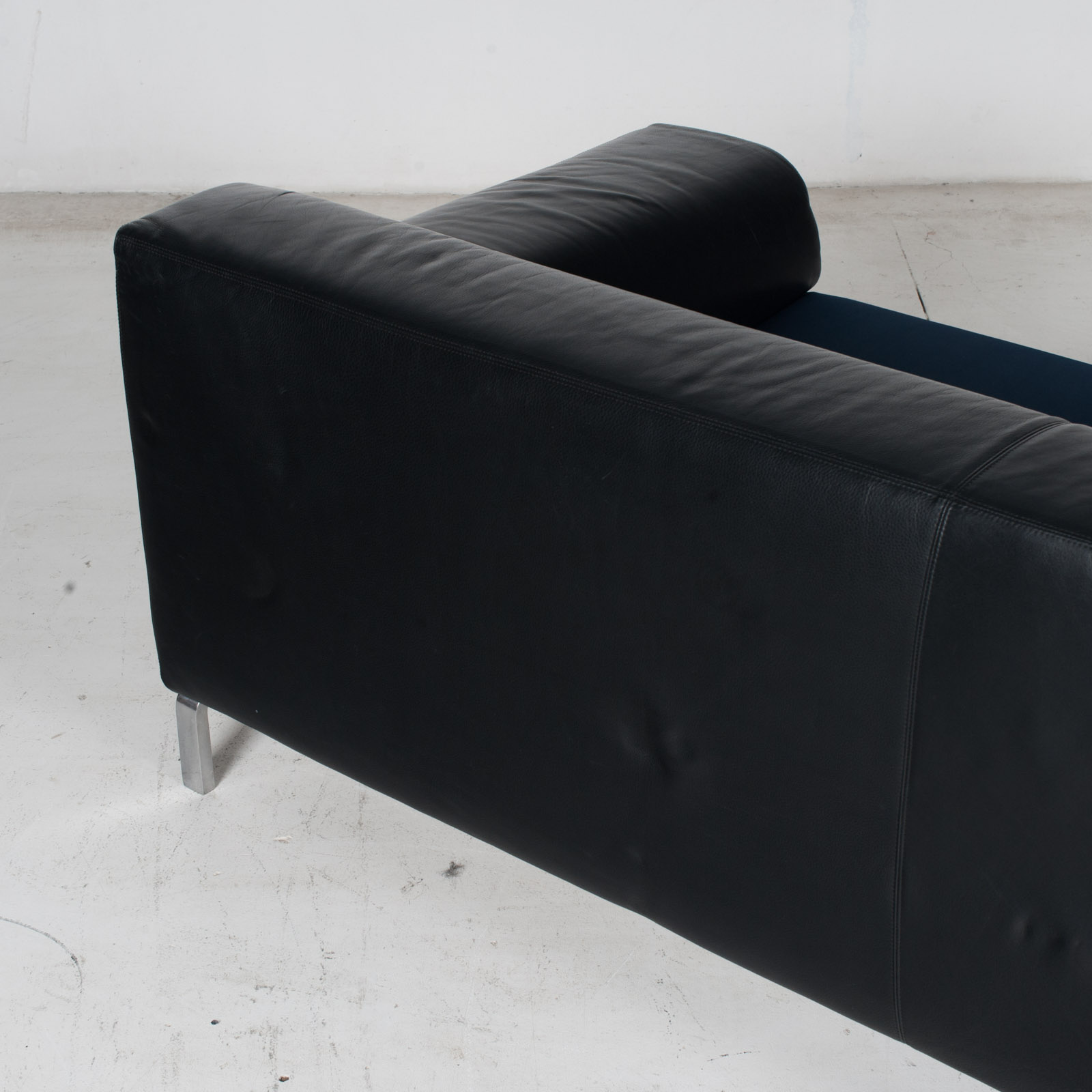 Model Greg 2 Seat Sofa By E. Progetti With Back Upholstered In Black Leather And Seat In Blue Fabric With Chrome Legs, 1960s, Italy 9