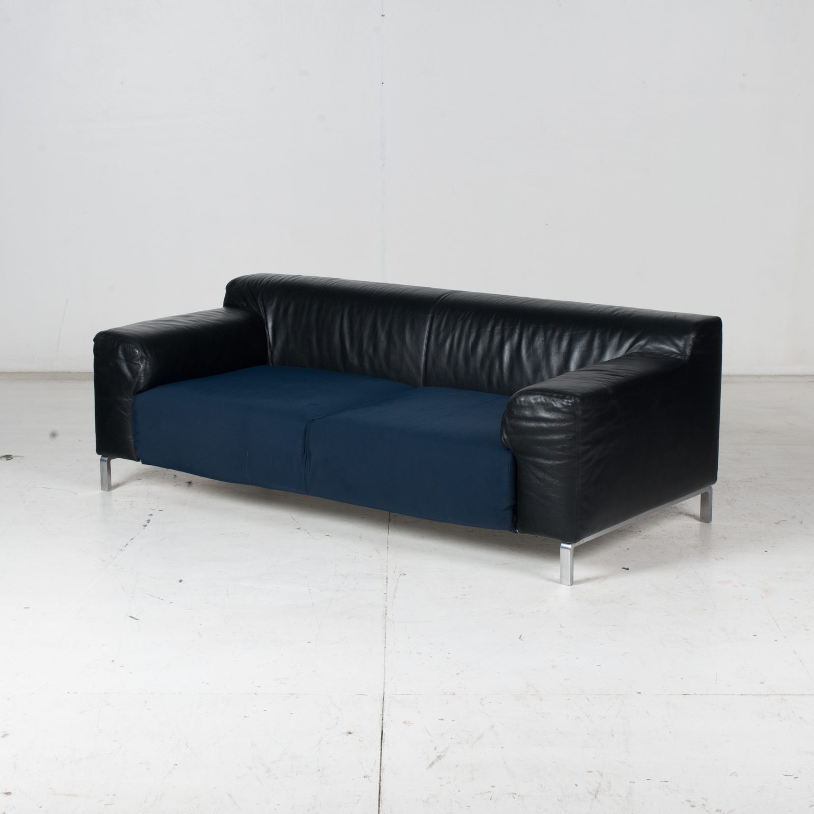 Model Greg 2 Seat Sofa By E. Progetti With Back Upholstered In Black Leather And Seat In Blue Fabric With Chrome Legs, 1960s, Italy High Res