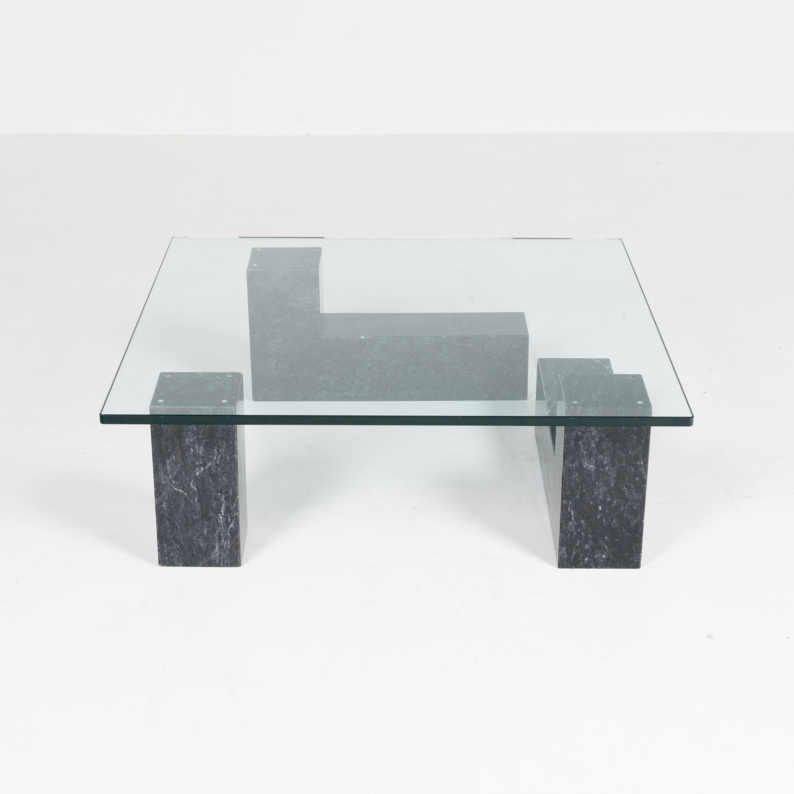 Hero Coffee Table In Black Carrara Marble, 3 Elements With Glass Top, Dutch 1980s