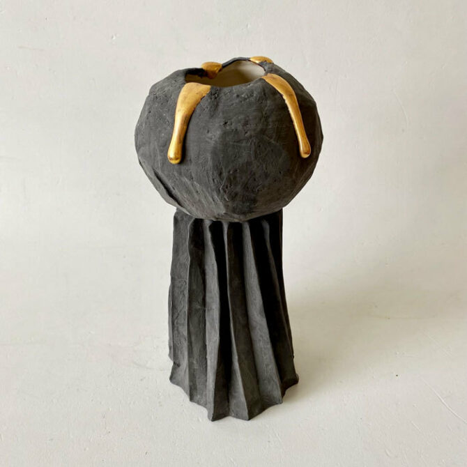 Kirsten Perry Charcoal Folded Base Vessel With Gold Lustre Thumb